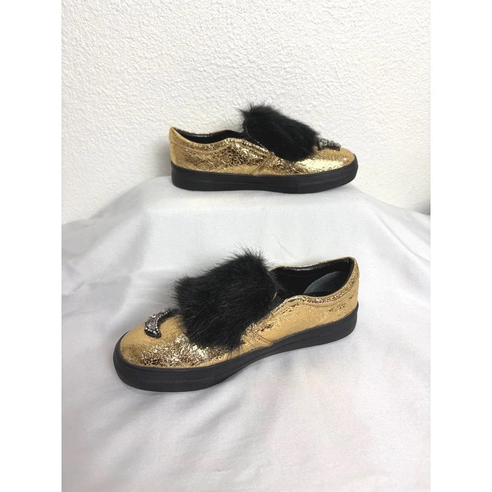 NEW Shiny Gold Celestial Sun & Moon‎ Furry Slip On Shoes Girls Size 5 Statement